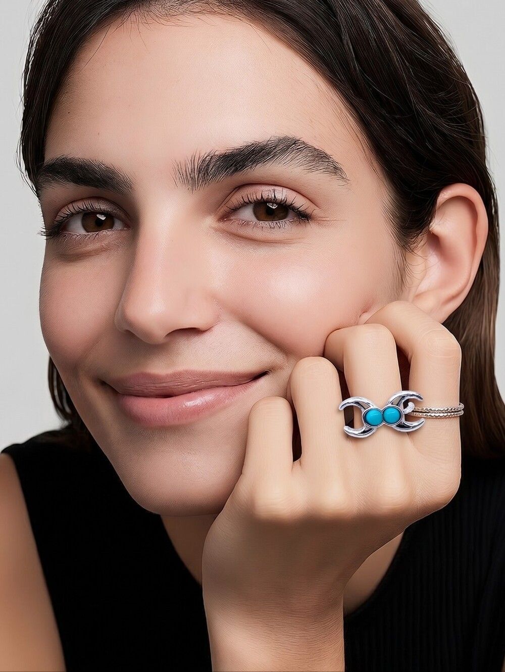 Turquoise Beaded Stackable Ring Size 5.5 Boho Silver Double Moon Pinky Ring